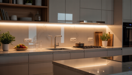 A modern kitchen showcasing under cabinet lighting with motion sensor LED strips illuminating the countertops.