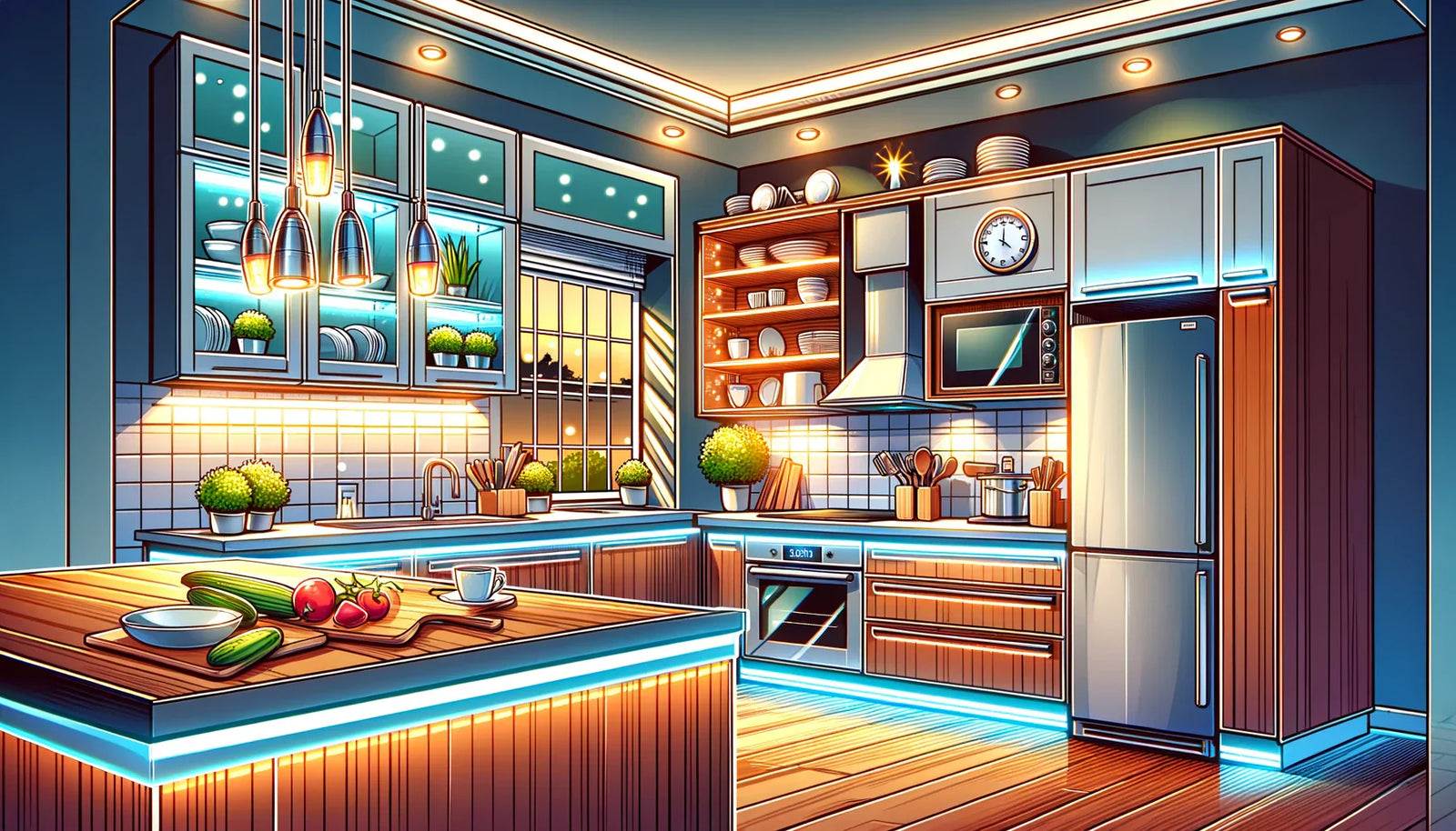 Modern kitchen with under cabinet lighting, illustrating hardwired vs plug-in LED options – Wired4Signs USA