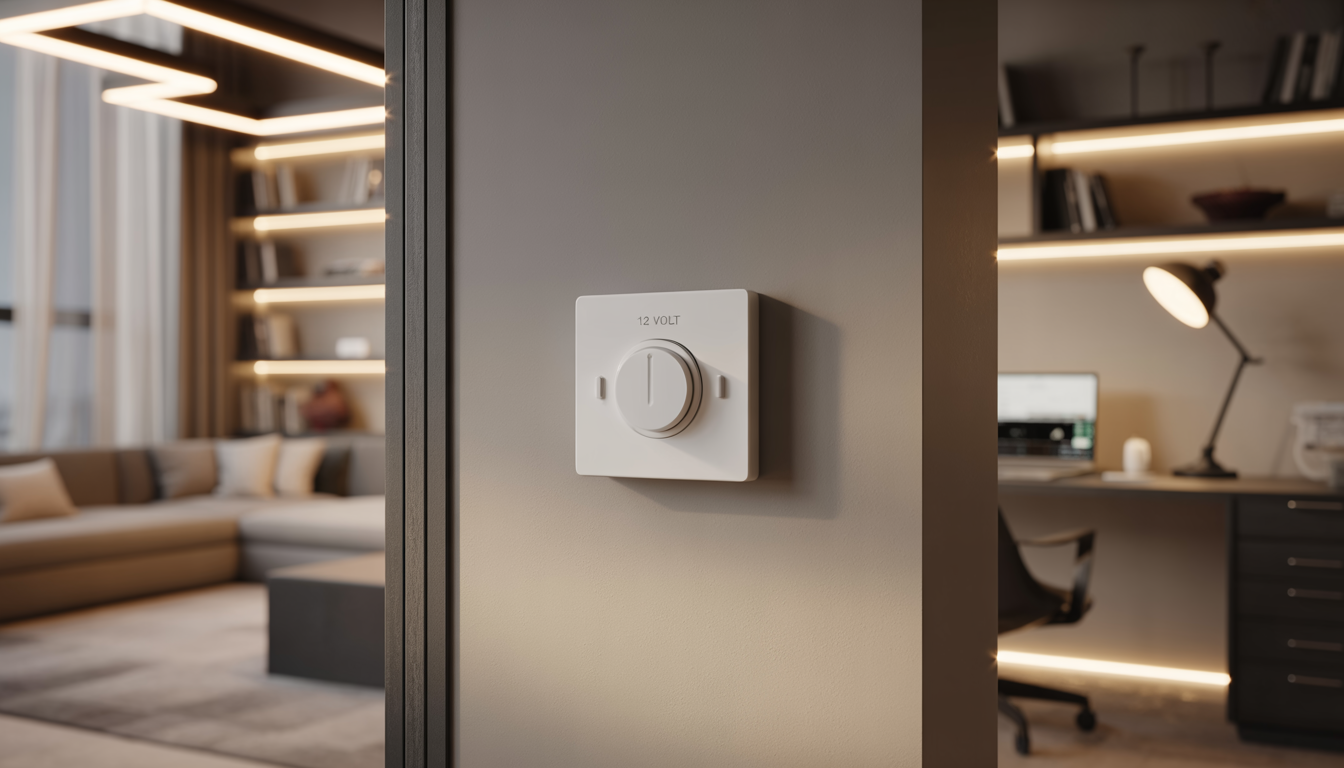 A modern workspace with a 12 volt LED dimmer switch on the wall, adjustable LED lighting, a reading nook, and an office desk.