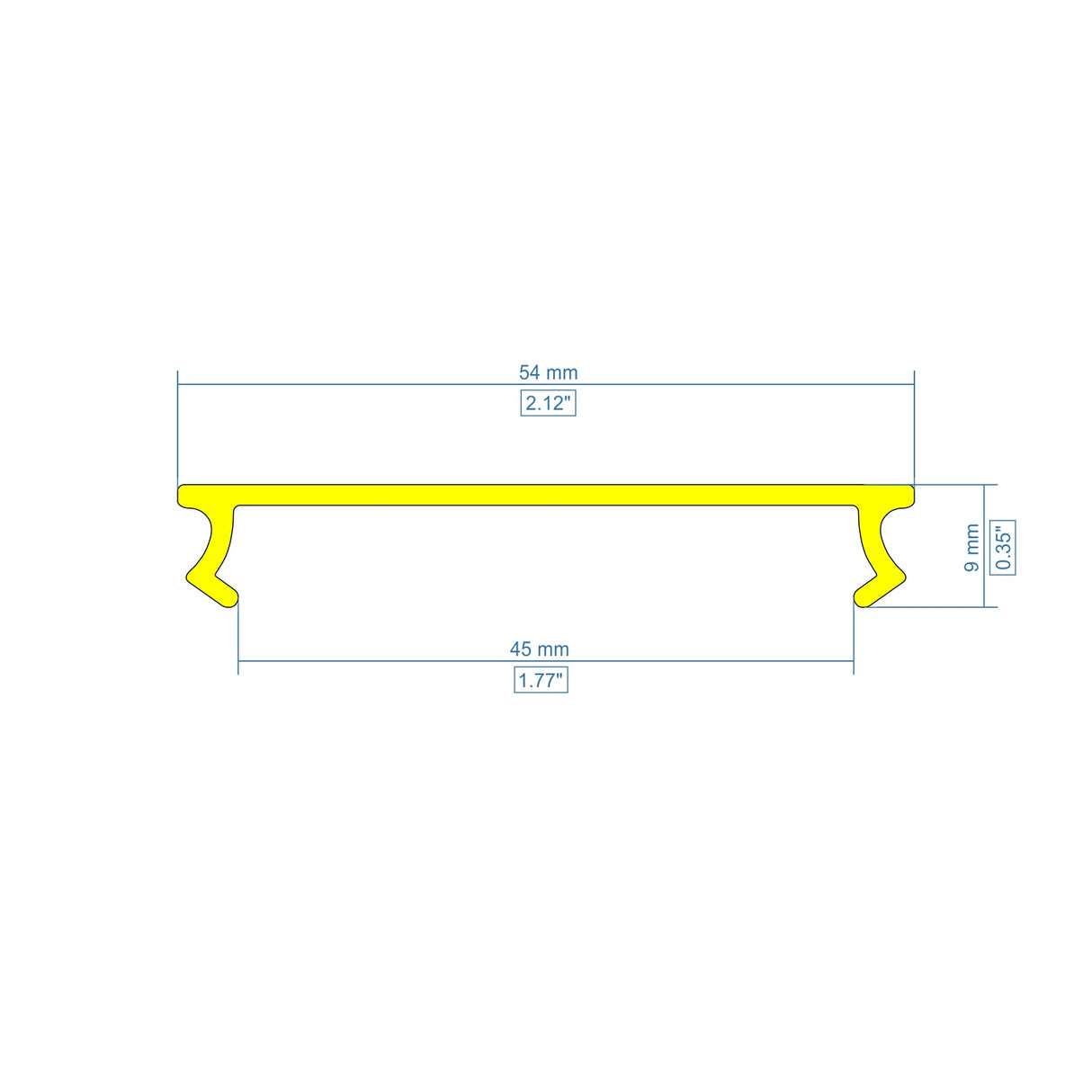 Side view diagram of a Black Diffuser for PL55, DPL55, RPL55, and PL55-FL Profiles: 54 mm wide (2.12”), 45 mm internal width (1.77”), 9 mm tall (0.35”). Designed for optimal light dispersion.