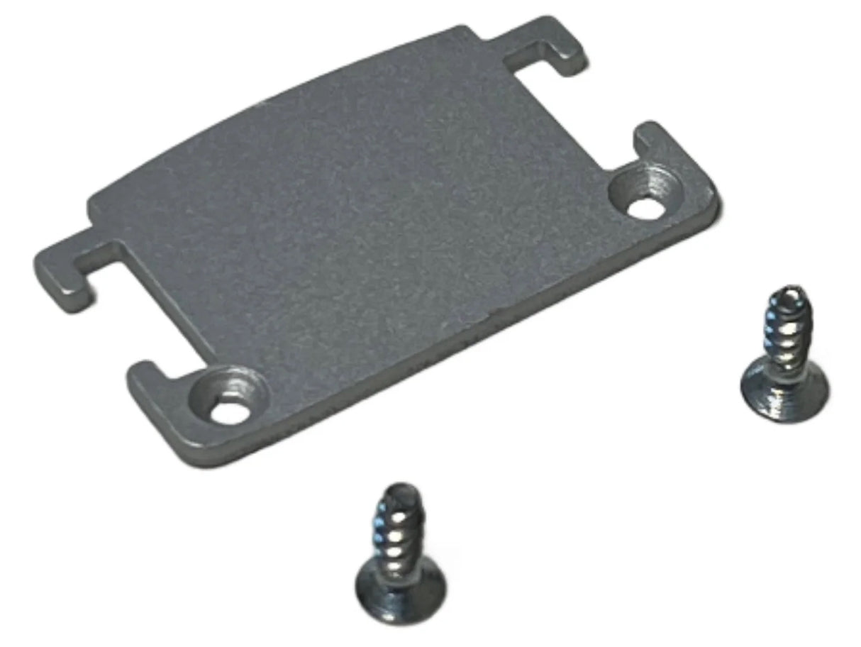 The End Cap for TL-041 Profile is a small, rectangular metal plate with two screw holes and two hooks, designed as an end cap for the TL-041 lighting fixture. It is shown with two matching screws on a white background.