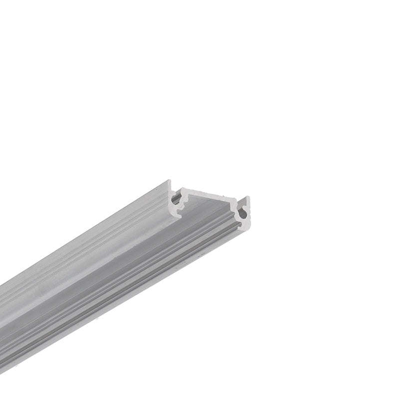 A section of the Surface Mount LED Strip Channel (Model Surface10) made from silver aluminum extrusion with a grooved profile and open channel, designed for mounting or structural use as an aluminum LED profile, shown on a white background.