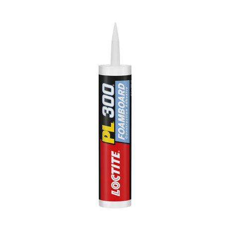 A tube of Loctite PL300 Foamboard Construction Adhesive with a pointed nozzle and multicolored labeling—perfect for securing foamboard as an insulation adhesive.
