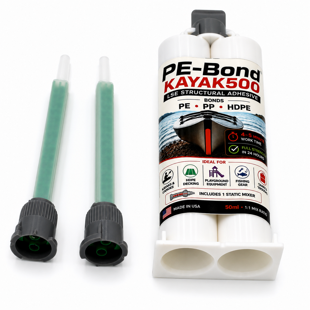 2-Part MMA Structural Adhesive for LSE Plastics ~ PE-Bond Kayak500 (50ml 1:1 / B-System) comes in a polyethylene adhesive bottle with two green mixing nozzles, specifically designed for kayak repair and bonding HDPE and similar low surface energy plastics; the label displays a kayak image along with detailed usage instructions.