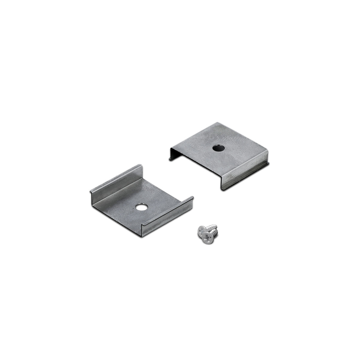 Two Mounting Clip U3 brackets, small and rectangular in shape, are designed for extruded aluminum installations as mounting clips. Each bracket features a central hole and a single adjacent screw, displayed on a white background. Perfect for Pixy20-01 applications.