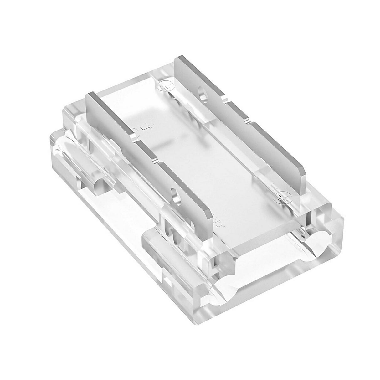 The 9-in-1 COB/SMD LED Strip Light Connector features a transparent, rectangular housing with multiple slots and grooves, revealing internal details. Ideal for assembling electronic components and supporting uniform illumination in COB and SMD light strips.
