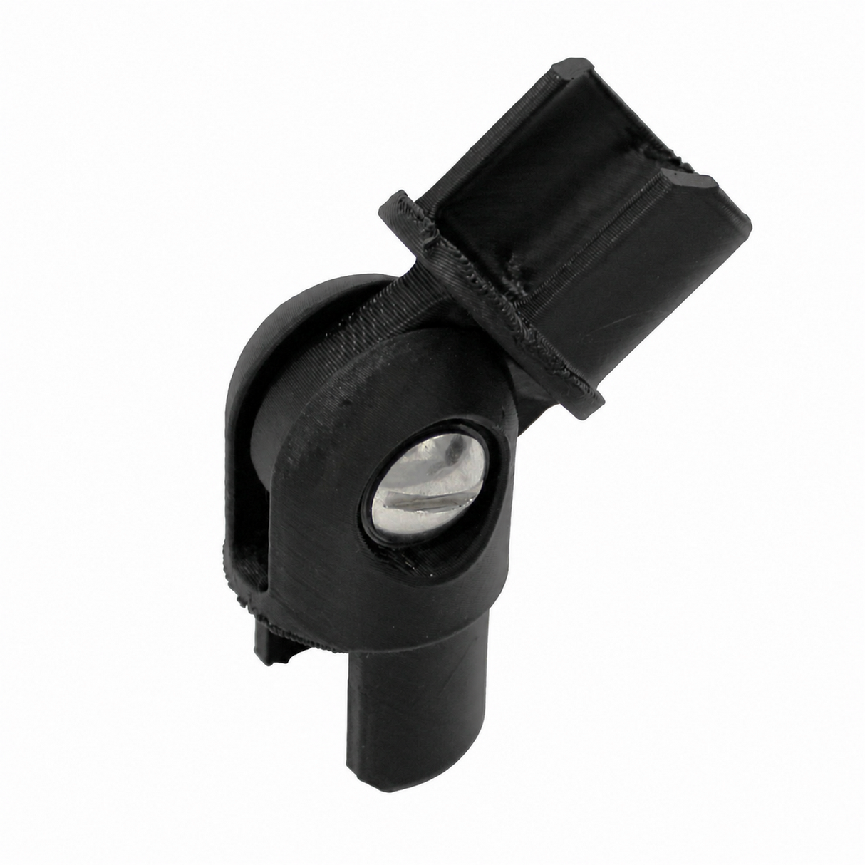A close-up of a black plastic hinge for the Oslo Mini Profile with a cylindrical body and angled connector, isolated on a white background.