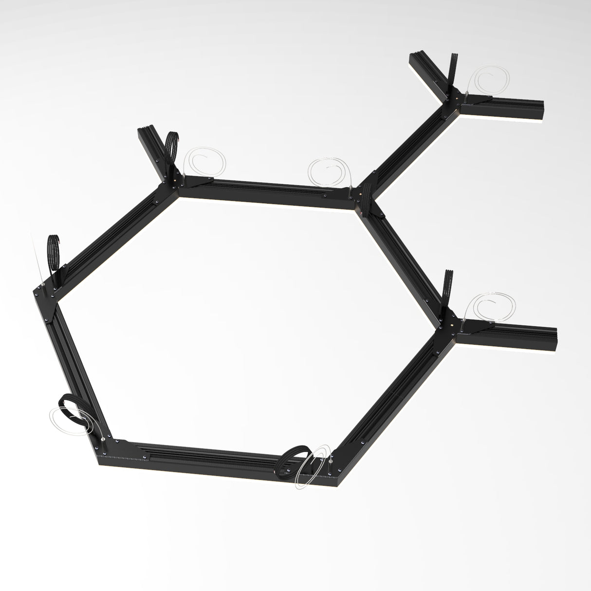 The PL55FL Modular LED Light Fixture System features a black, hexagonal metal frame with six sides, three branches from alternate corners, and small coiled wires attached to various points. Shown photographed on a white background.