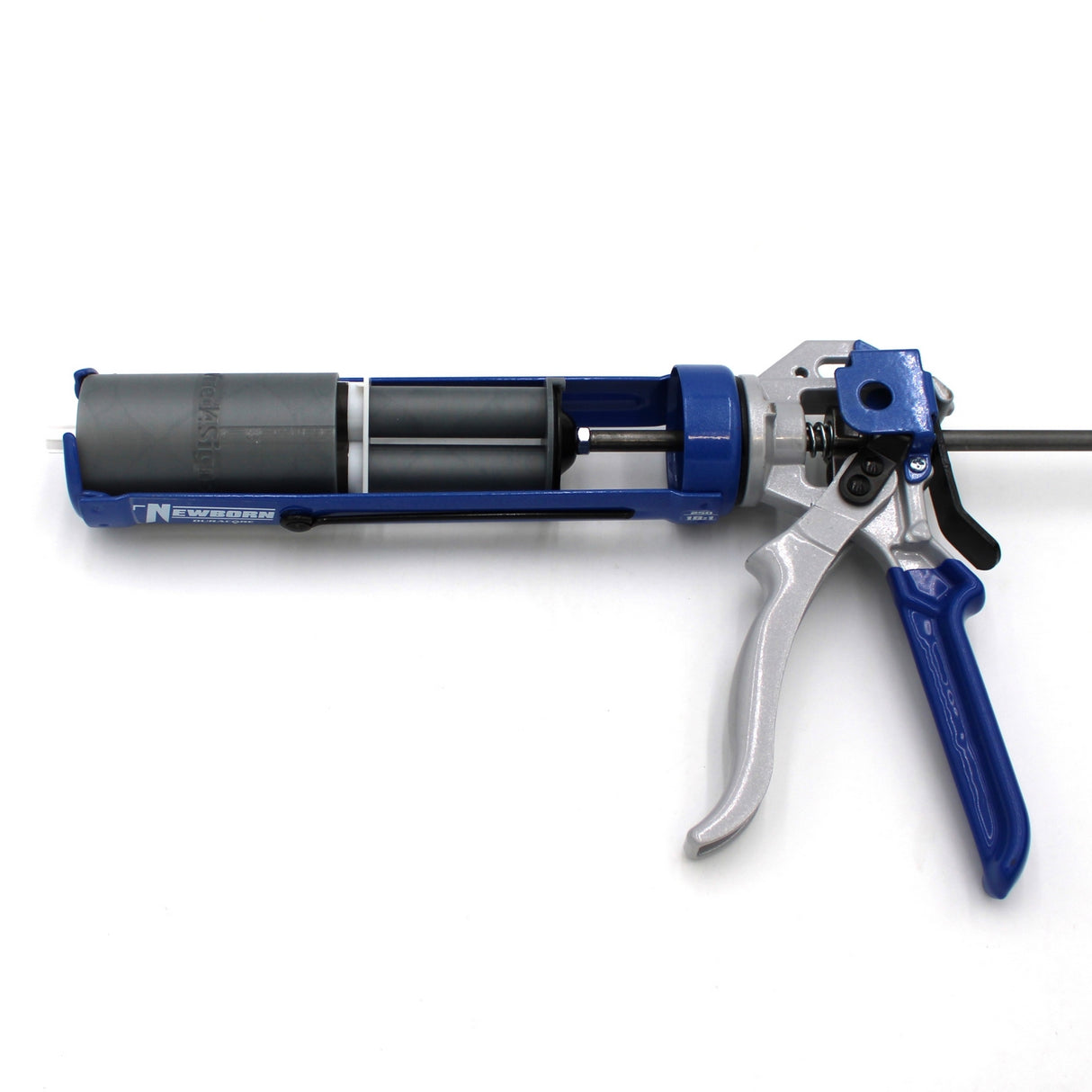A close-up of the 3D-Printed Caulking Gun Adapter for Methacrylate 50ml 1:1 Mix, shown in blue and silver with a gray cartridge loaded, designed for precise methacrylate adhesive dispensing, isolated on a white background.