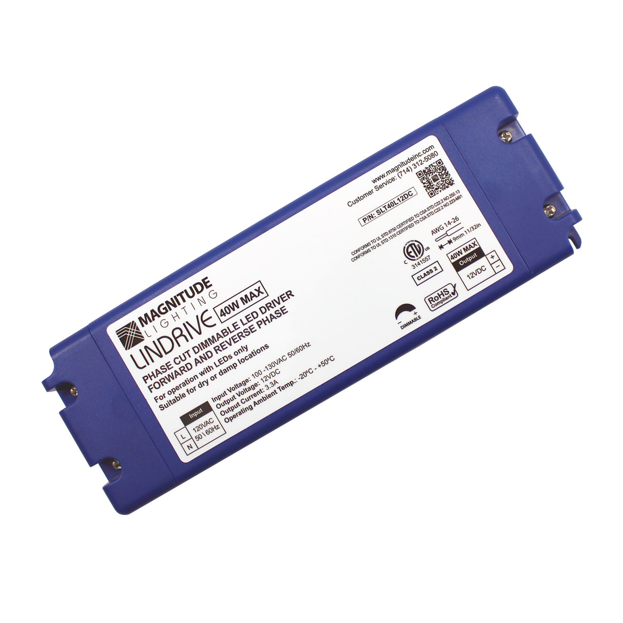 A blue rectangular Compact Electronic Phase Dimmable LED Driver (12V) ~ Magnitude LinDrive features a white label with technical info, ETL Listed certification logos, and a barcode on its surface.