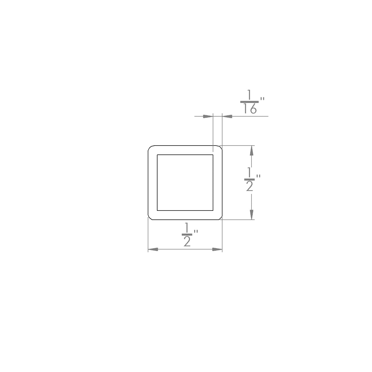 Technical drawing of Aluminum square tube for light sticks: 1/2" tubing, 1/16" wall thickness, 3/8" inner opening—ideal as a square tube or light adapter.