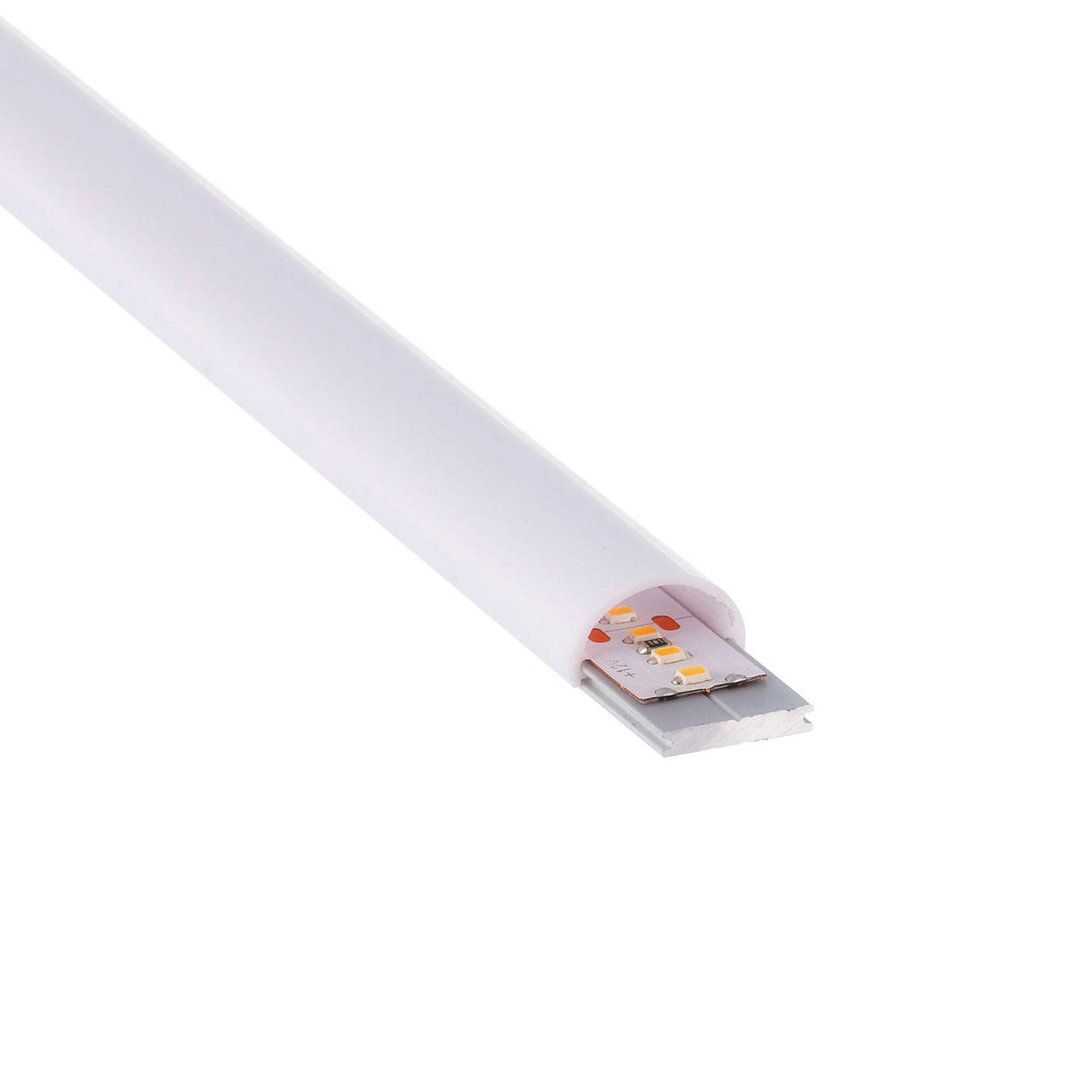 A close-up of the Ultra Low-Profile Surface-Mount LED Profile, Model Tennessee, featuring a minimalist LED strip partially enclosed in a white, curved plastic diffuser casing, isolated on a white background.