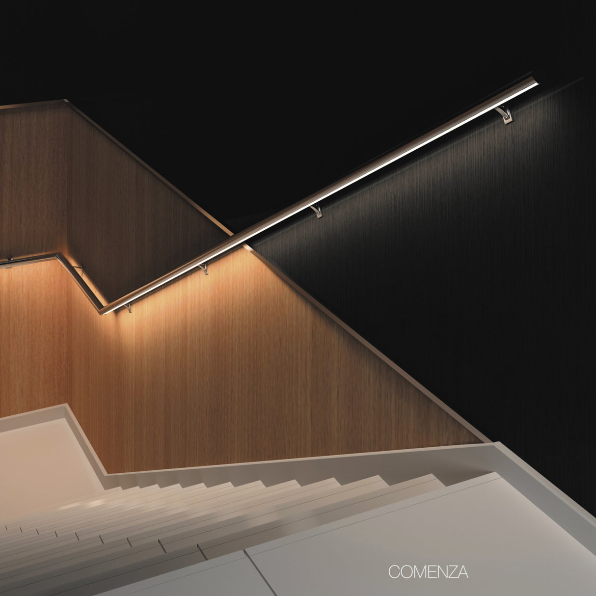 Modern staircase with white steps, wood panel walls, dark accents, and a Round Stainless Steel LED Handrail Profile (Model Comenza). Minimalist geometric design. The word COMENZA appears at the bottom.