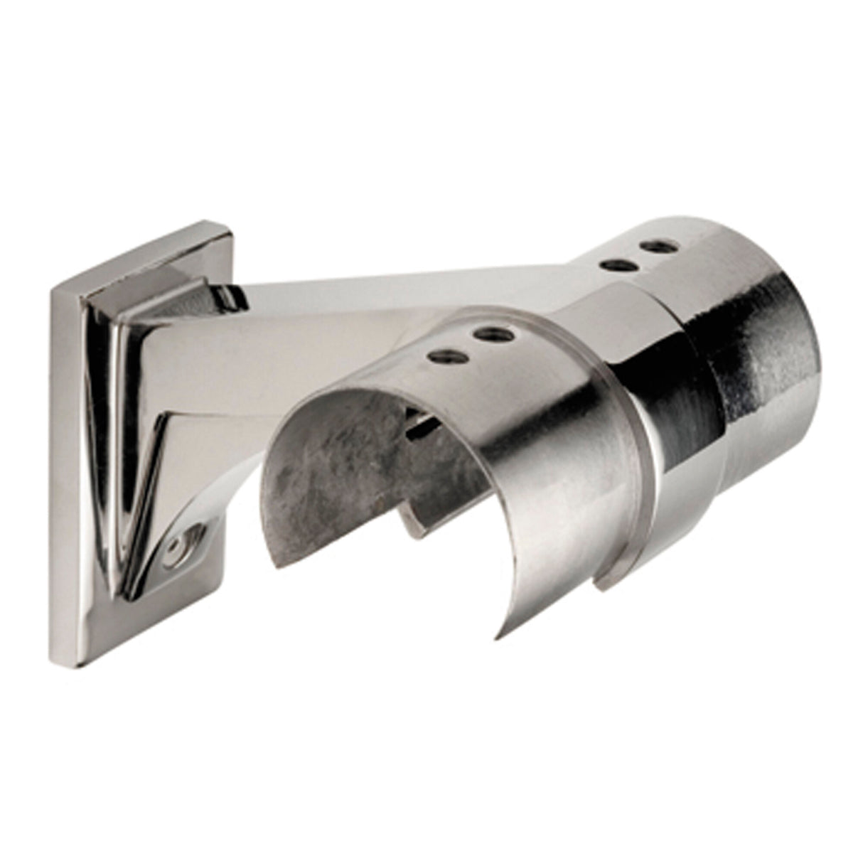 The Wall Support Bracket for Comenza Profile features a stainless steel rectangular base with a cylindrical clamp and visible screw holes, ideal for mounting rods, poles, or LED handrail profiles. Its shiny surface ensures easy installation and a sleek look.