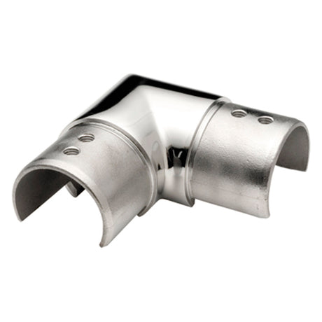 The Corner Connector for Comenza Profile is a stainless steel 90-degree elbow joint with open ends and rivet holes, ideal for connecting two pipes or LED handrail profiles at a right angle.