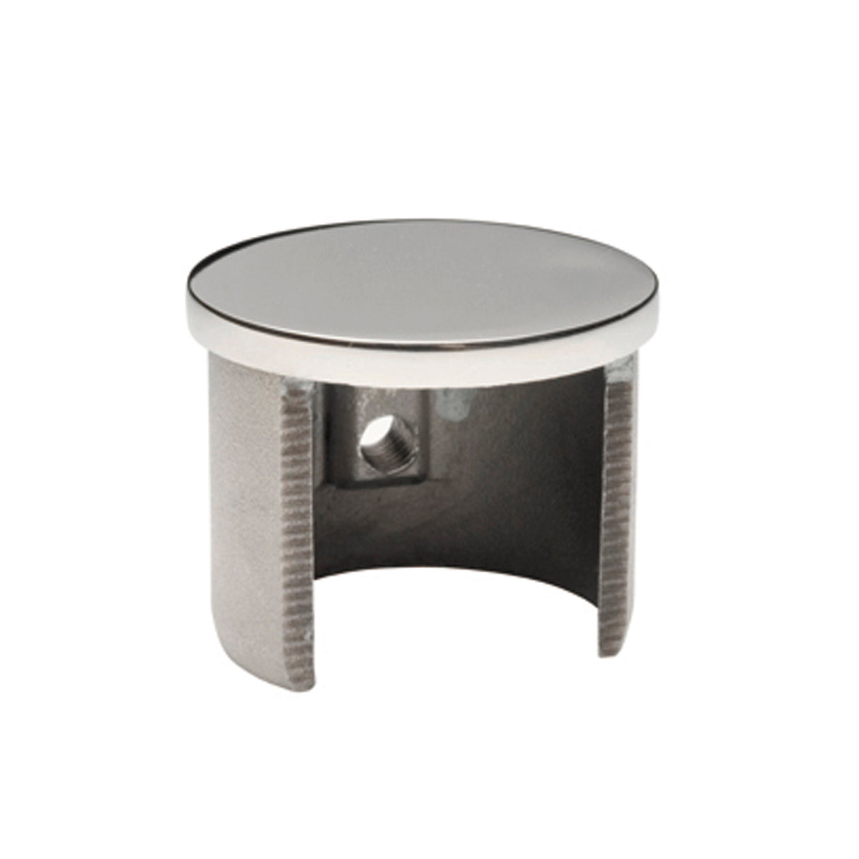 The End Cap for Comenza Profile is a round stainless steel cap with an open bottom and side screw hole, designed to fit onto the end of a cylindrical tube, railing, or LED handrail profile.