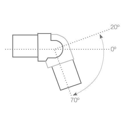 A diagram of the Adjustable Connector for Comenza Profile illustrates a 70-degree angle between sections, with dashed lines marking 0 and 20 degrees as reference points.