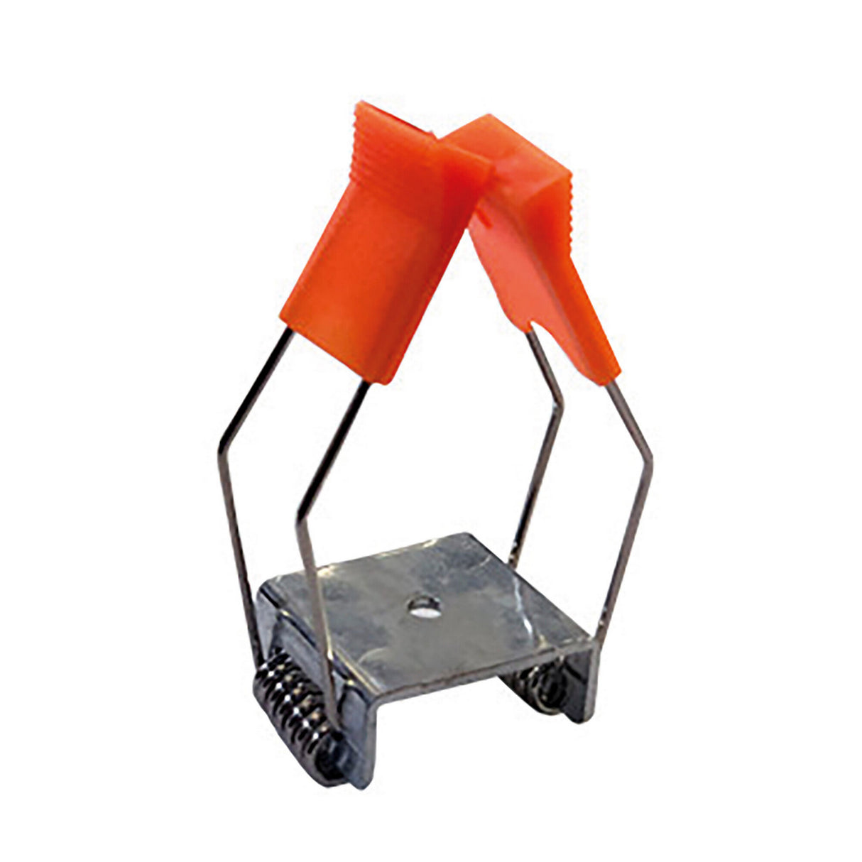 The Fixing Bracket for Amara Profile is a metal spring clamp with a square base and two orange plastic grips, ideal for securing LED profiles or other objects.