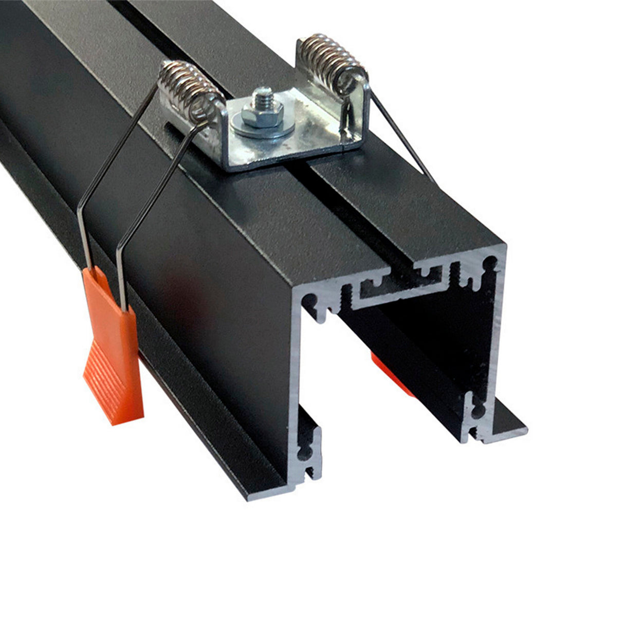 Close-up of the Fixing Bracket for Amara Profile: a black aluminum LED profile channel with an open slot, featuring a bracket with springs and orange plastic tabs on each side.