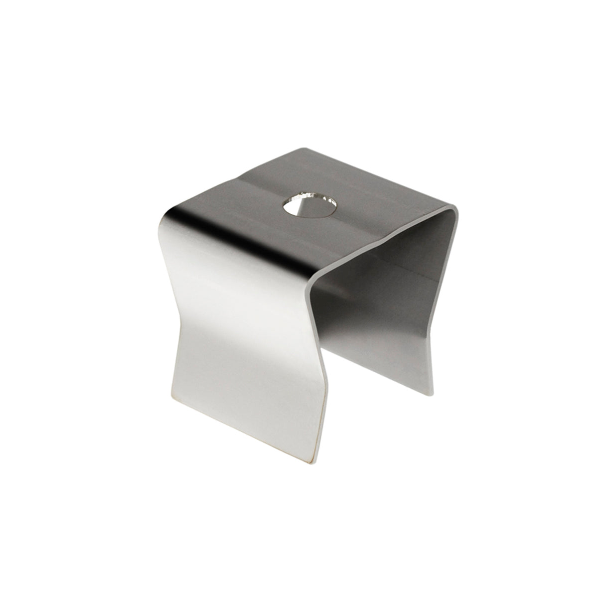 The Internal Handrail Clamp for Comenza Profile is a rectangular, shiny stainless steel clip with a central top hole and two downward-curved sides, shown isolated on a white background.