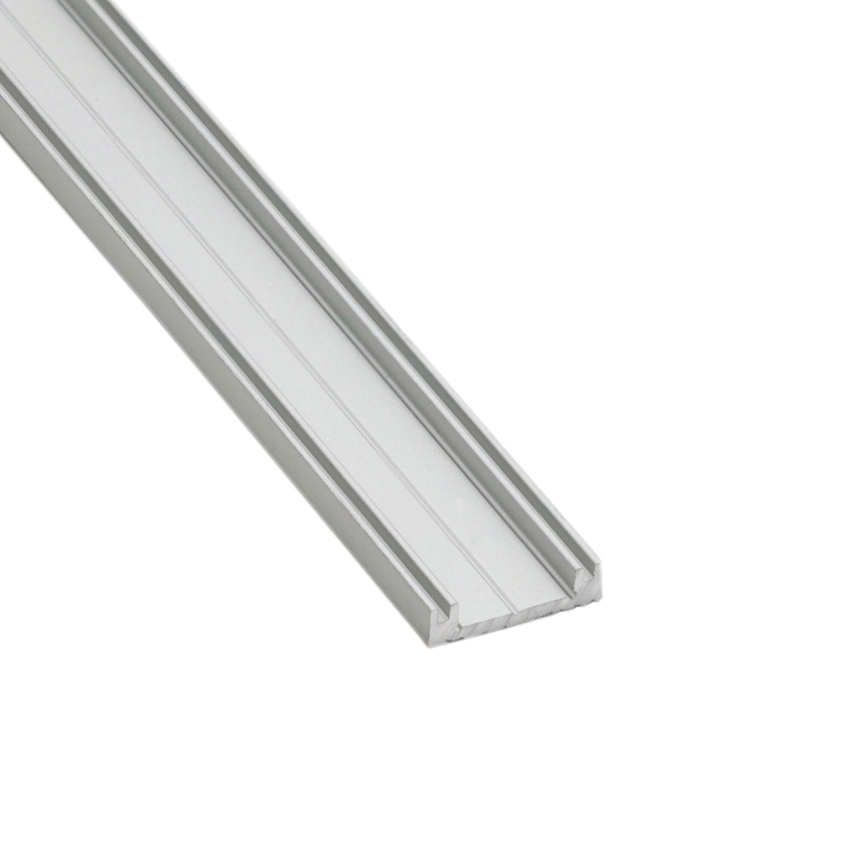 The Ultra Thin Bendable LED Strip Channel, Model Milano Slim, features a silver aluminum U-shaped design ideal for bendable LED strips, shown at an angle on a white background.