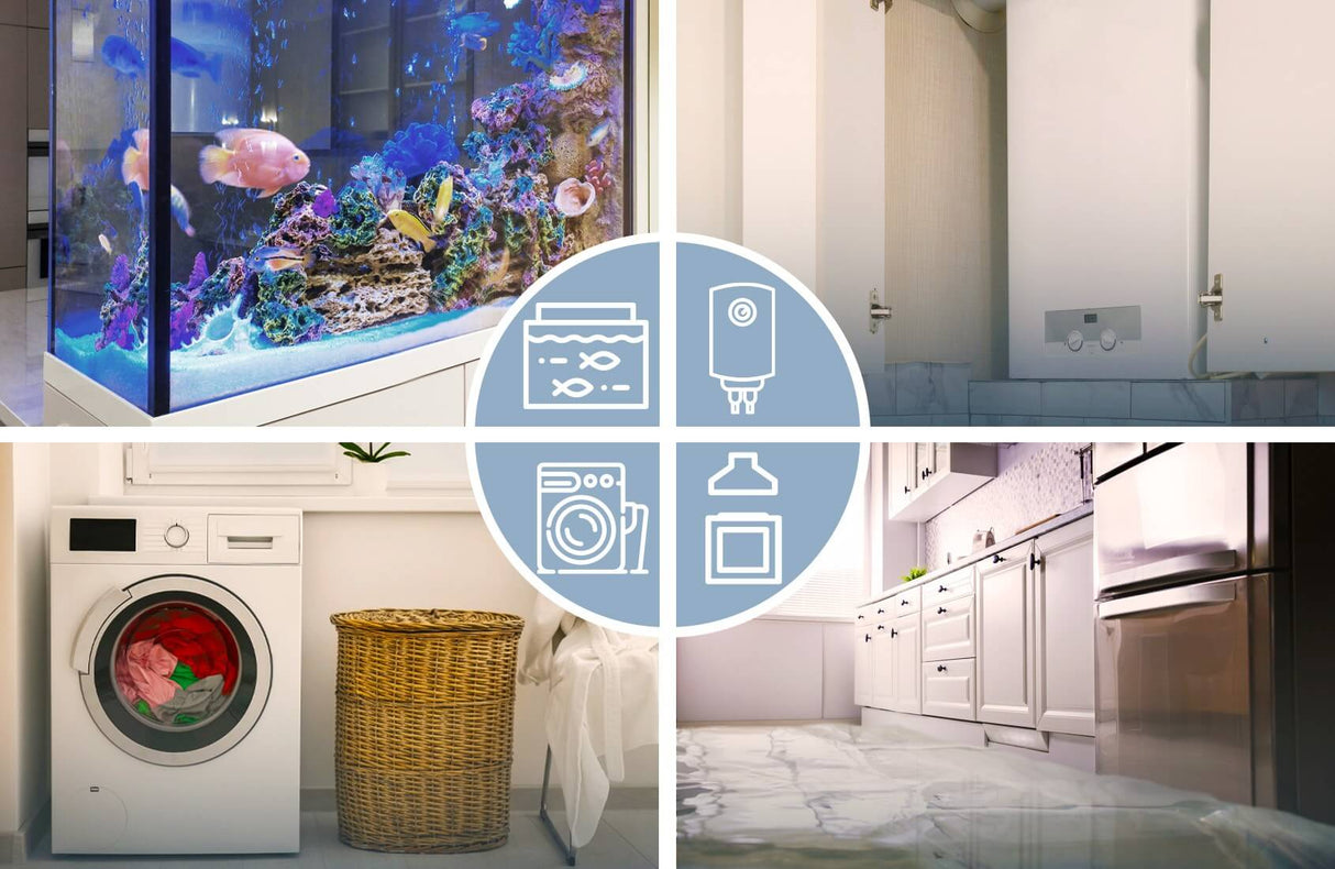 A collage displays an aquarium, water heater, washing machine with laundry basket, and a flooded kitchen—highlighting common sources of leaks where the floodSensor by BleBox WiFi-enabled water leak detection sensor can help prevent damage.