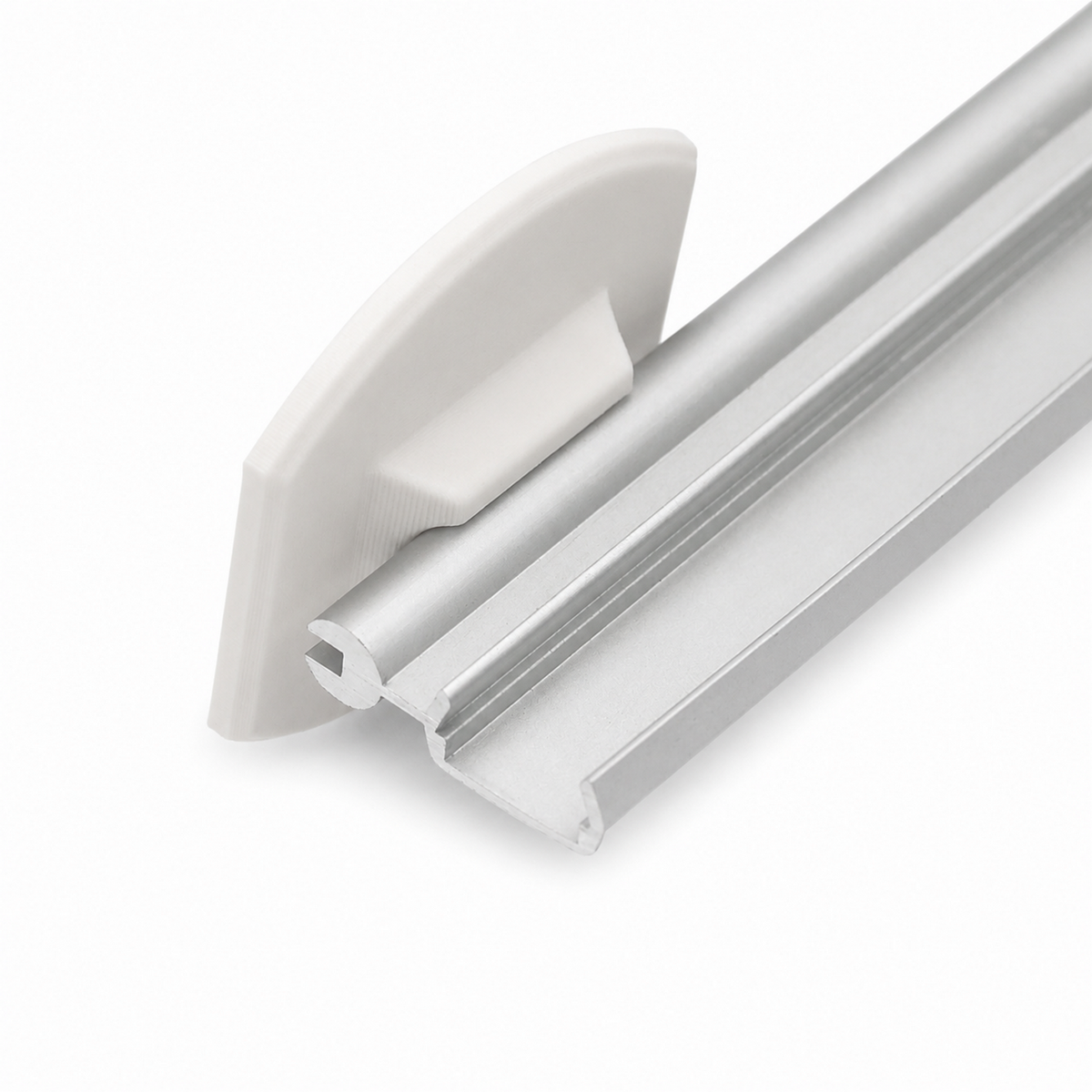 3D Printed Mounting Bracket for POLI Profile in white plastic attached to a silver metal channel.