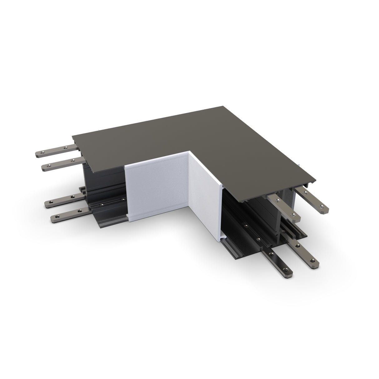 A 3D-rendered image of a 90 Degree Connector for DPL55-FL Profile, featuring a corner design and multiple steel mounting brackets on each side, used as a metal expansion joint cover for structural building joints.