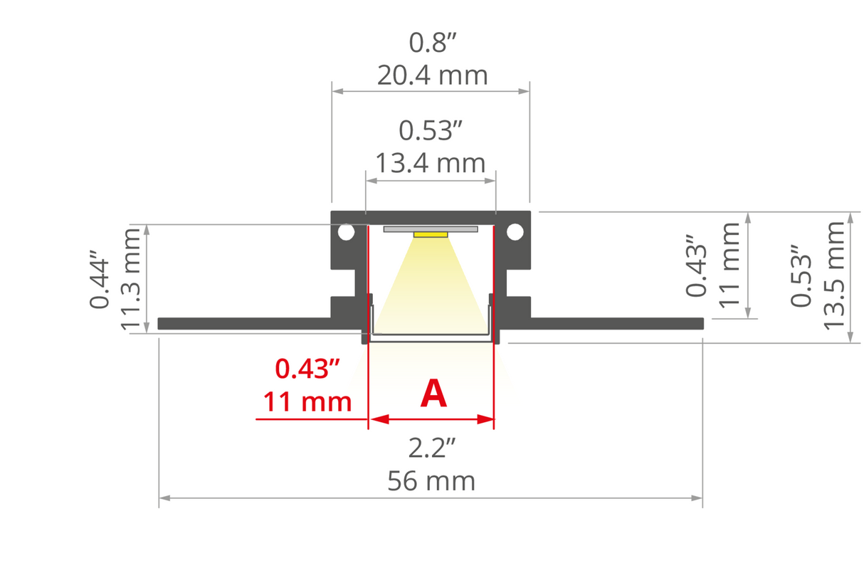 Technical diagram of the 0.8 Bendable Drywall LED Lighting Channel (Klus KOZMA-BD), showing a cross-section with labeled inch and millimeter dimensions for width, height, and recessed opening measurements.