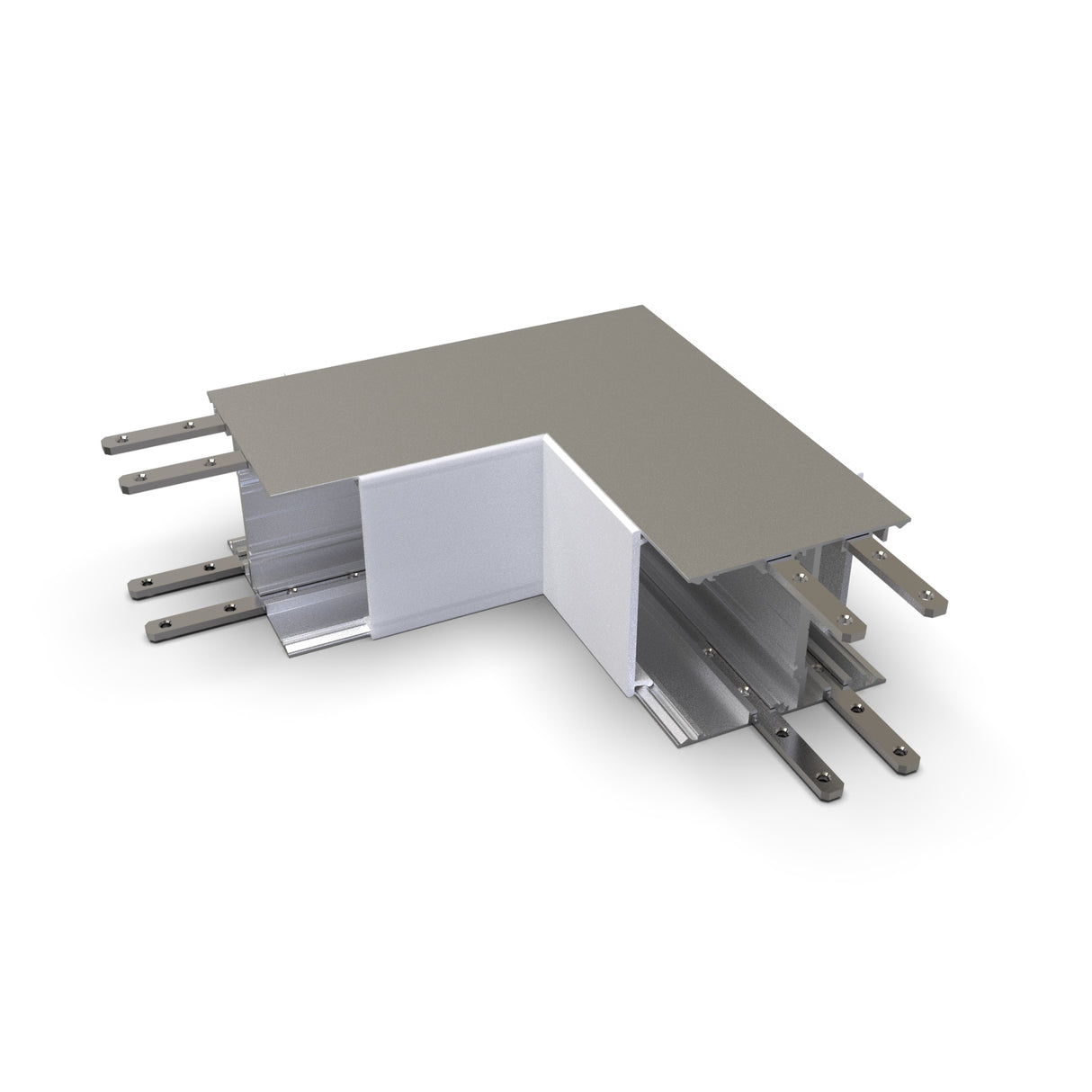 The 90 Degree Connector for DPL55-FL Profile features a metallic L-shape with multiple sliding arms at both ends, making it perfect as an expansion joint cover or an LED channel corner solution—shown on a white background.