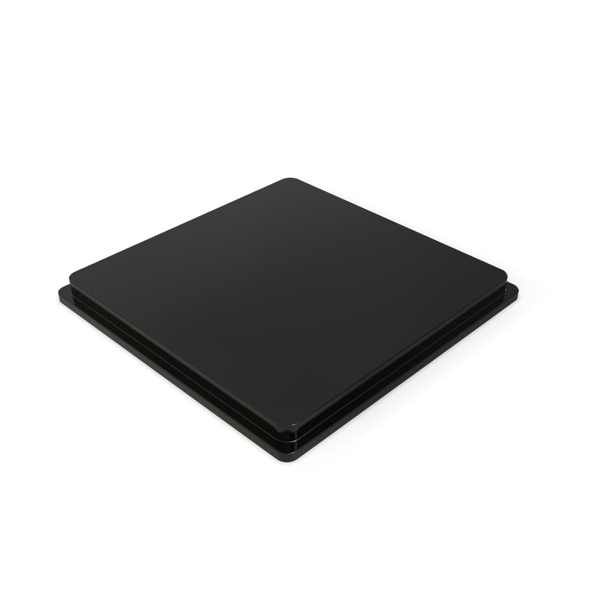 A black Acrylic End Cap for Sealed Holston74 Profile, featuring a square, flat design with rounded edges, is shown on a white background. The minimalist object resembles a closed box or case and is viewed at an angle.