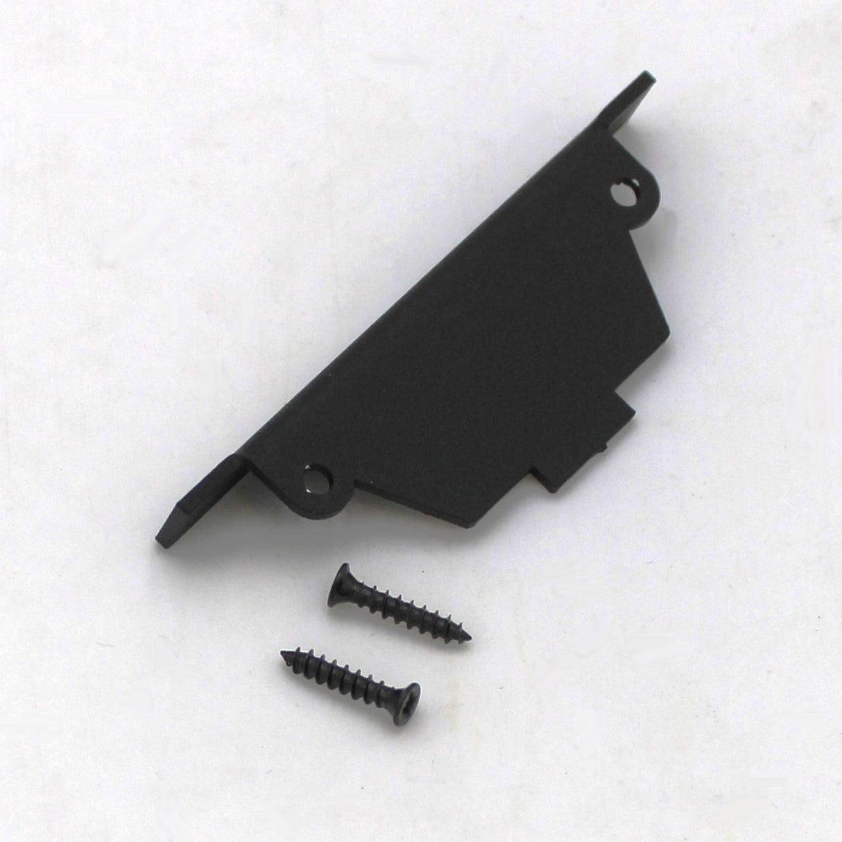 A black aluminum bracket with two mounting holes and two screws, designed for the End Cap for Amara Profile, is shown on a white background.