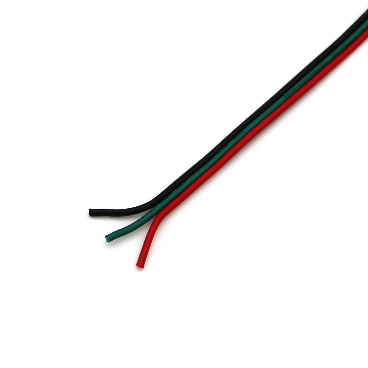 The 3-Core 18 AWG Flat Wire for Tunable White LED Strip—black, green, and red—has exposed ends and is shown parallel and diagonal on a white background.