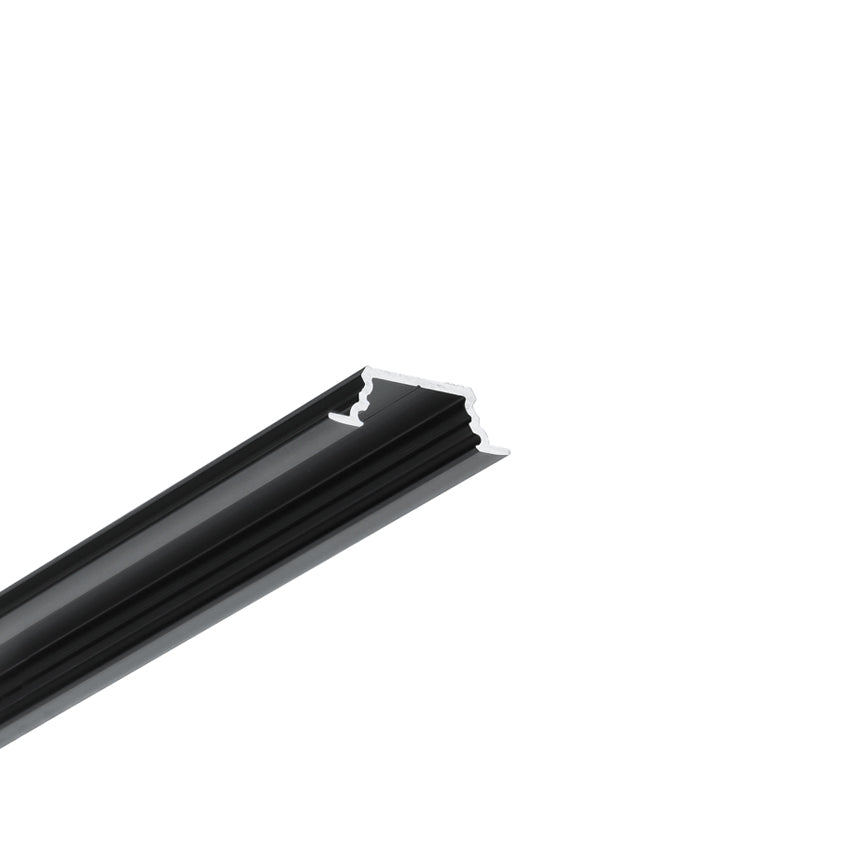 The 0.42″ Recessed LED Channel ~ Model Groove10.v2 is a black, grooved, and hollow aluminum profile with a uniquely shaped cross-section, shown diagonally against a white background—perfect for recessed LED channel installations in modern furniture lighting applications.