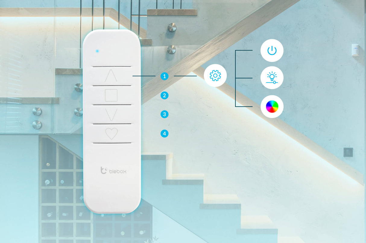 The Single Channel Battery Operated Remote Controller ~ sRemote by Blebox, shown with a modern staircase background, features four buttons to control power, brightness, light intensity, and color settings on compatible BleBox devices.