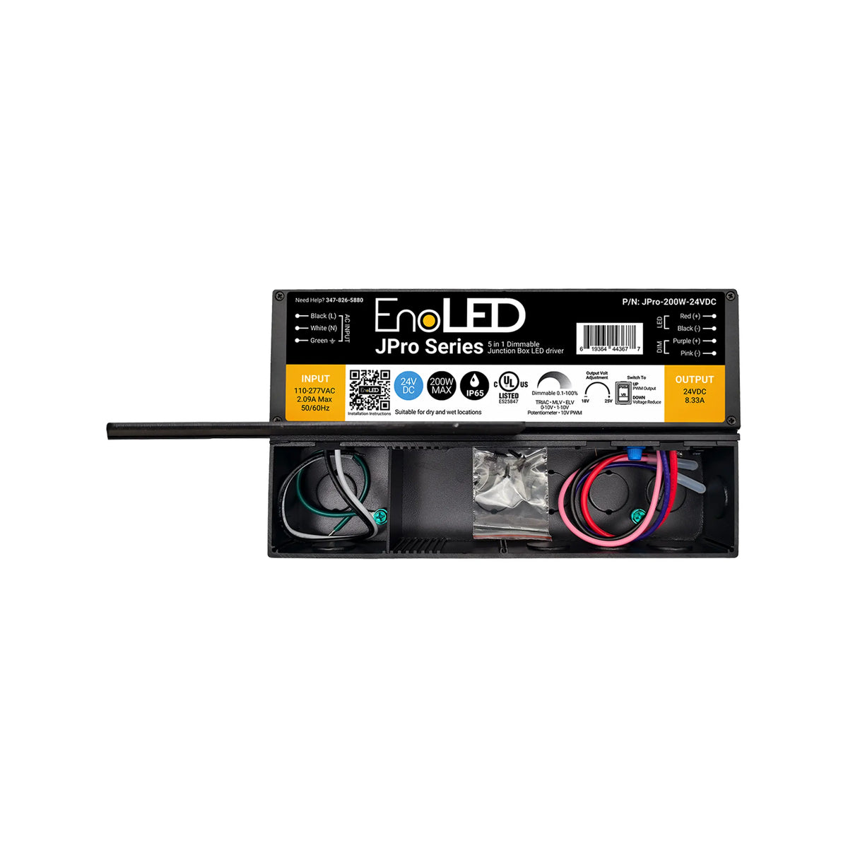 5-in-1 Dimmable J-Box LED Driver (24V) from the EnoLED JPro Series—a rectangular electrical box featuring a yellow and black label, with wiring and components visible inside its open lower compartment—designed as a universal LED power supply for architectural lighting applications.