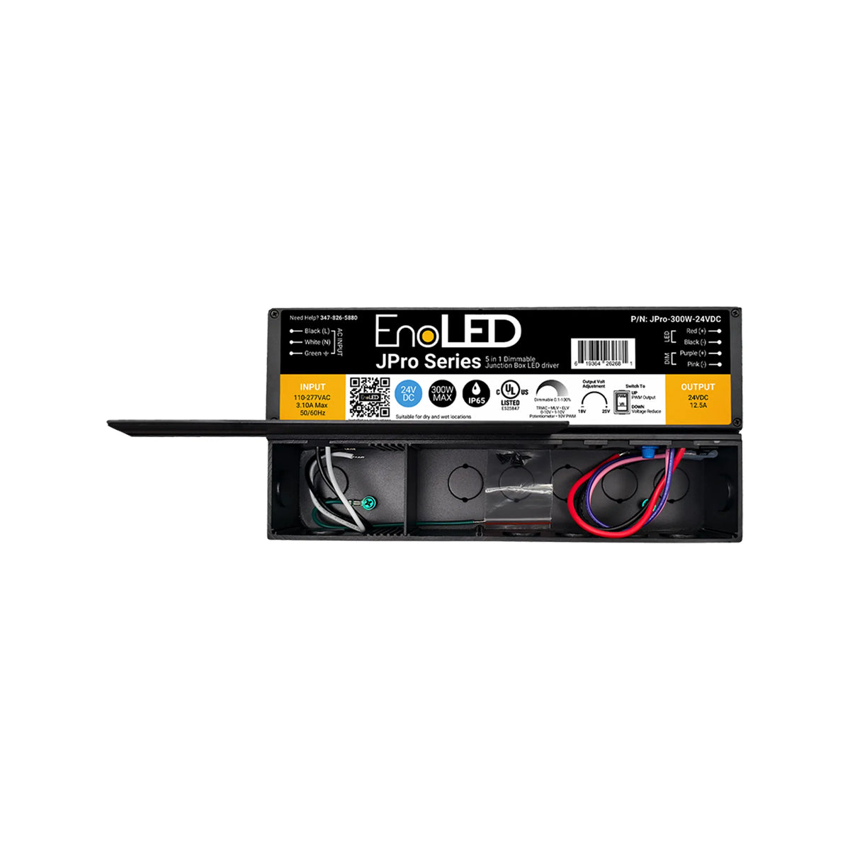 5-in-1 Dimmable J-Box LED Driver (24V) from the Enoled JPro Series, featuring a black casing and open cover that reveals clearly labeled internal wiring and components for input, ground, and output on its yellow and black exterior—perfectly suited for architectural lighting applications.