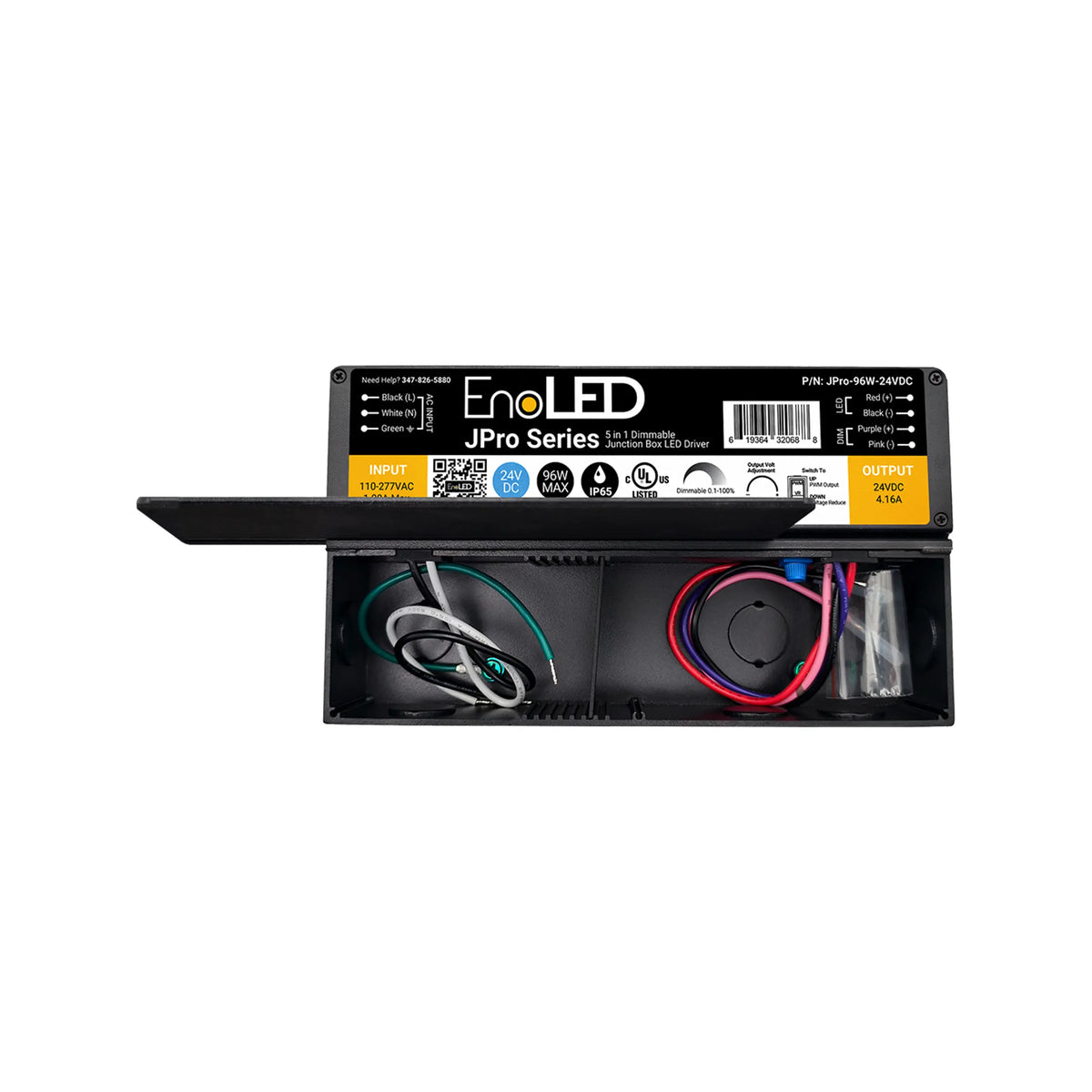 The 5-in-1 Dimmable J-Box LED Driver (24V) from the EnoLED JPro Series features a label displaying input/output specifications. Its open cover exposes colored wires and internal components housed within the rectangular black casing.