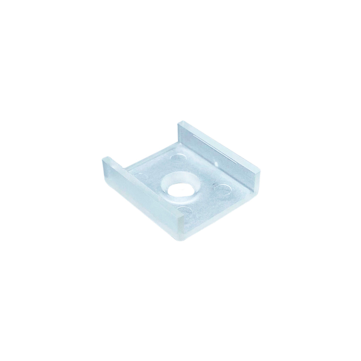 The Mounting Clip for Milano Slim Profile is a small, transparent ABS bracket with raised edges and a central circular hole, designed to securely fix objects or hardware. Shown on a plain white background.