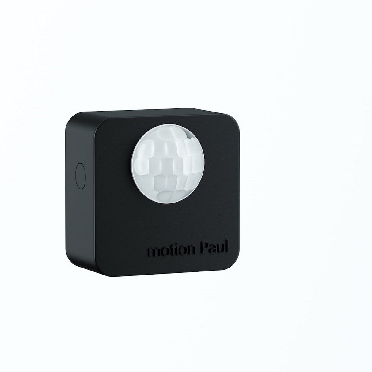 A compact black Battery Powered Motion Sensor for Casambi Lighting by Estol, labeled Motion Paul, with a prominent white circular sensor on its front, designed for energy-saving automatic lighting control, shown against a white background.