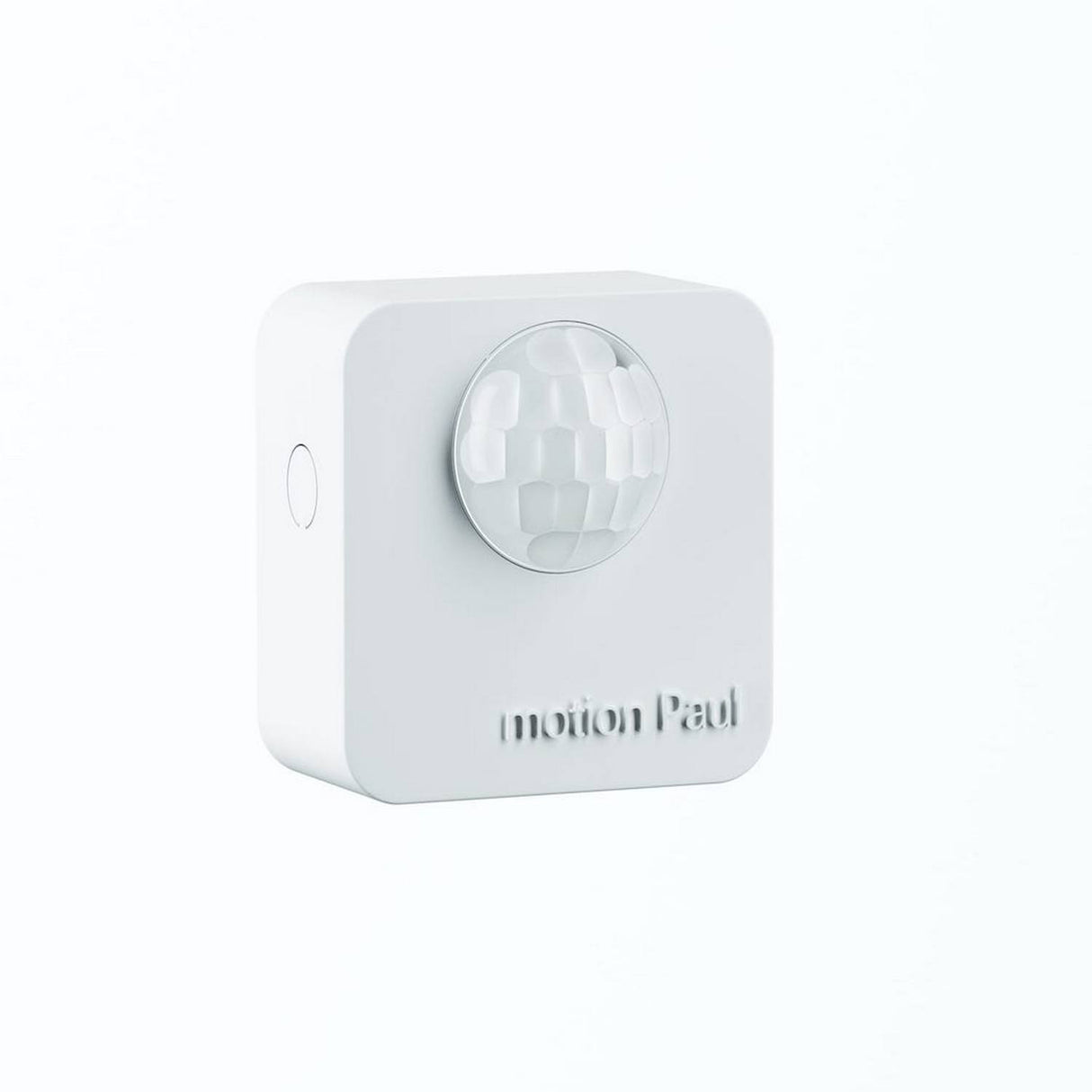 A white, square Battery Powered Motion Sensor for Casambi Lighting (Estol Motion Paul) with a rounded lens, designed for energy-saving automatic lighting control. Motion Paul is embossed below the lens and it’s mounted on a white background.