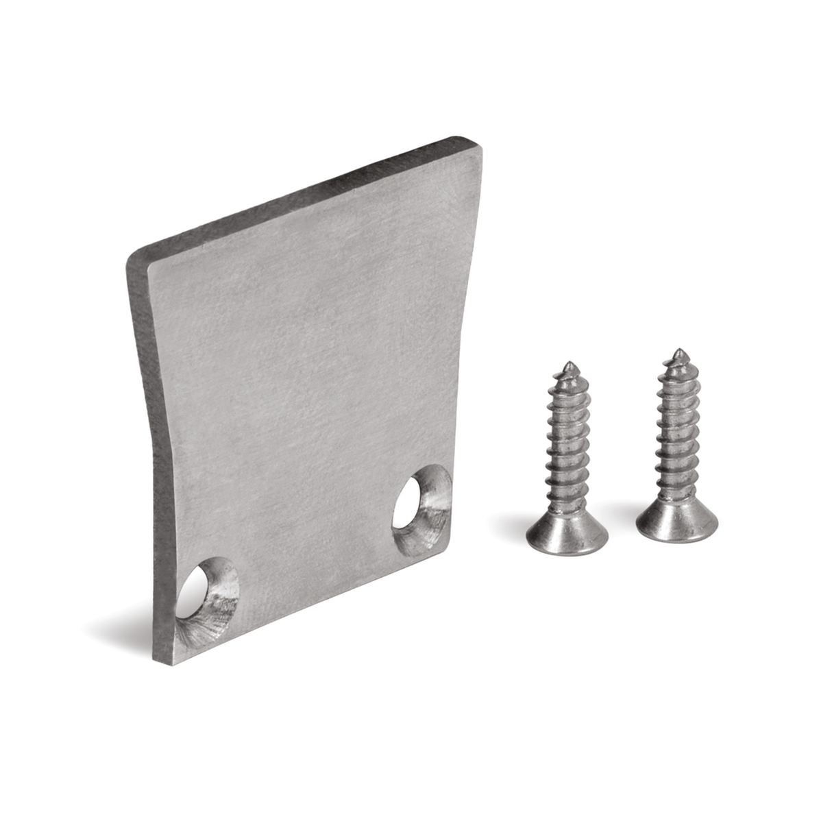 The End Cap for HR-MAX Profile is a flat, rectangular stainless steel bracket with two screw holes at the base, shown with two silver screws on a white background—perfect for use as an end cap in HR-MAX installations.