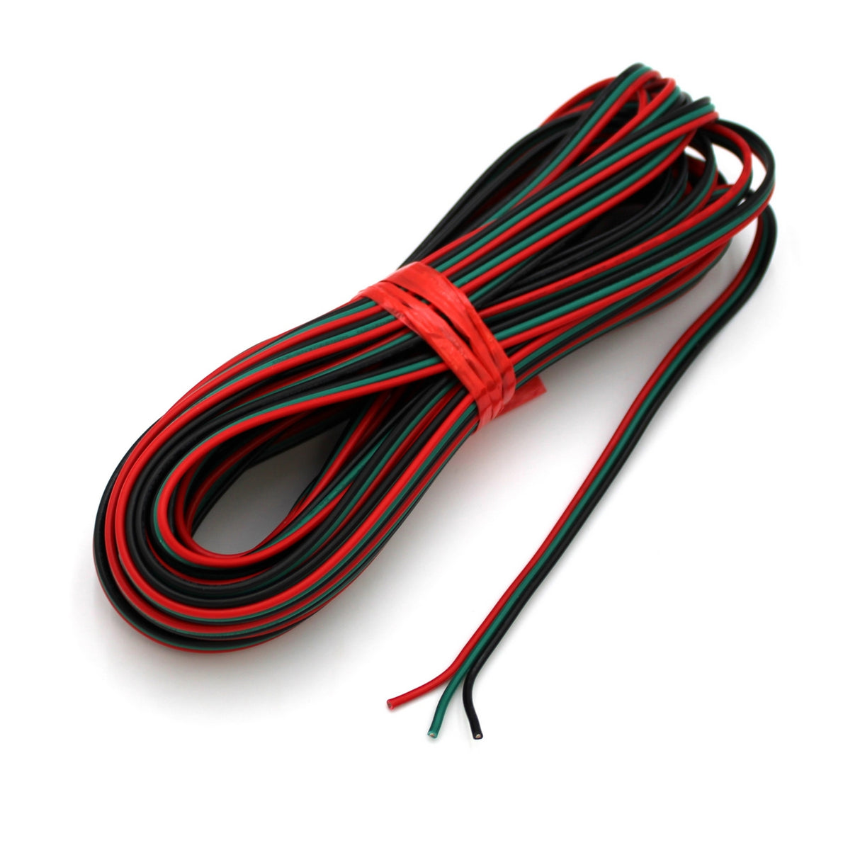A coiled bundle of 3-Core 18 AWG Flat Wire for Tunable White LED Strip, featuring red and black insulation, secured at the center, with two exposed ends showing separated wires.