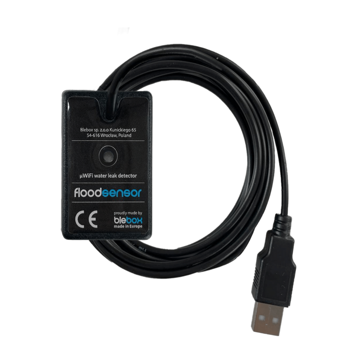 A black, WiFi-enabled floodSensor by BleBox with USB connector and coiled cable provides reliable water leak detection.