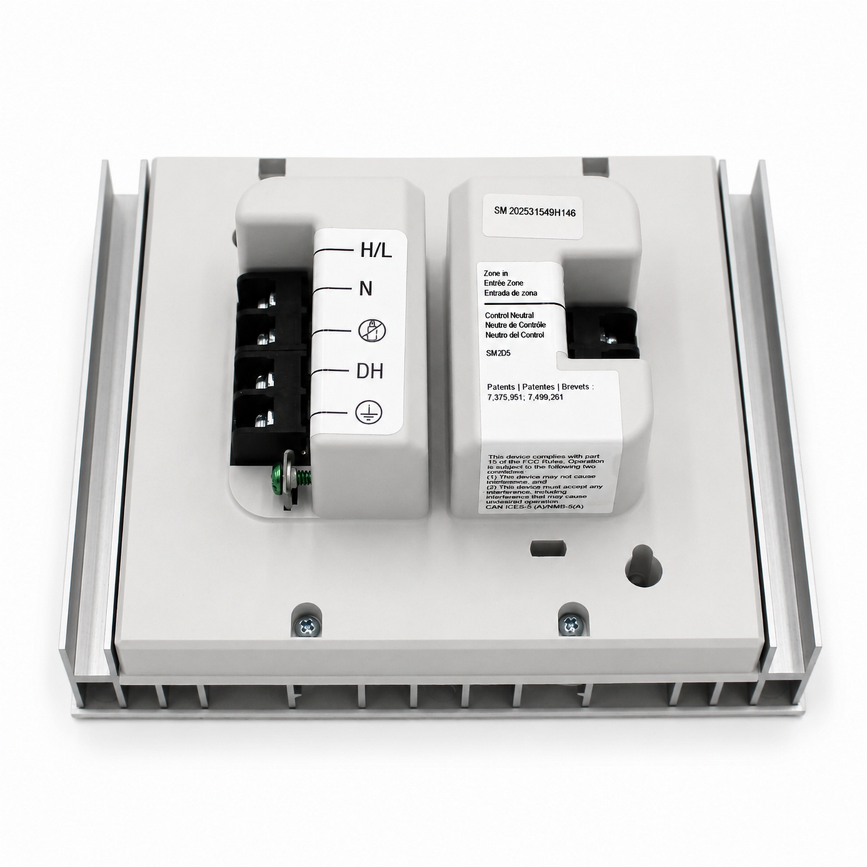 A close-up of a Single-Zone Dimming Interface Lutron Phase-Adaptive Power Module (Model PHPM-PA-120-WH) shows its electrical wall-mounted control panel with labeled terminals (H/L, N, DH) and a white sticker detailing specifications and instructions. The unit, suitable for 120 V lighting loads or compatible devices such as LED dimmers, is set against a plain white background.