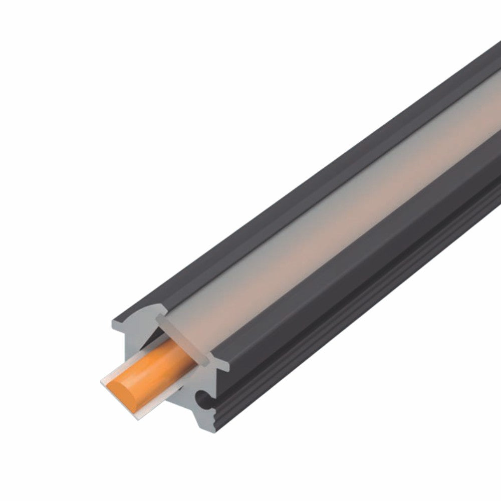 A close-up of the Recessed Angular LED Channel ~ Model Amsterdam Mini shows a strip light housed in black aluminum with a frosted cover, partially revealing the orange LED strip—ideal for architectural lighting.