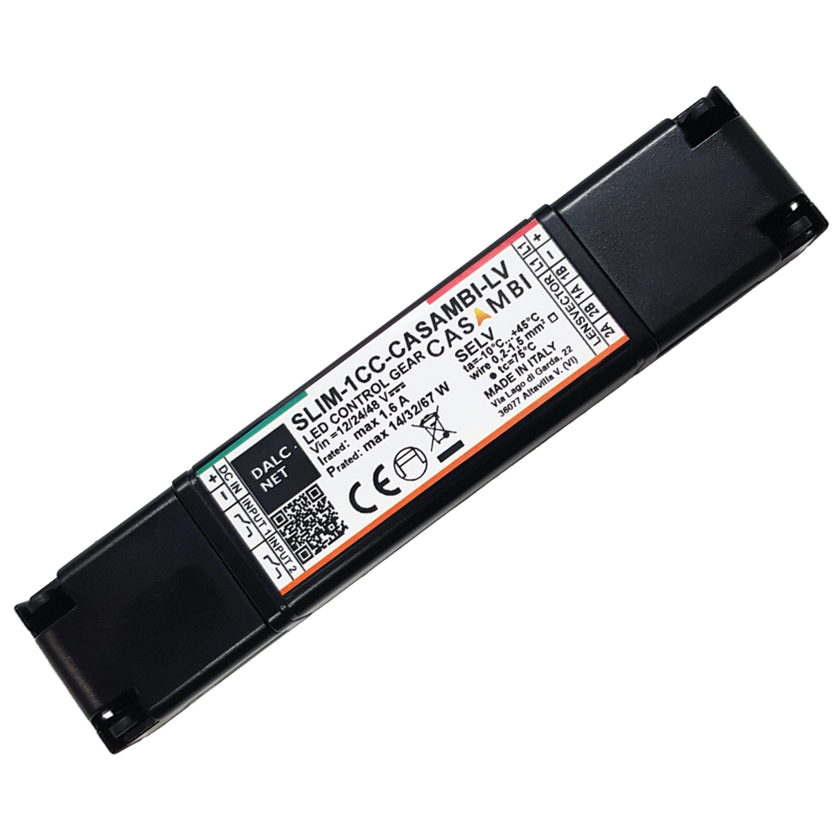 A rectangular black Slimline 1-Channel Constant Current LED Dimmer with LensVector (Model SLIM-1CC-CASAMBI-LV) features a white top label showing product details, specs, warning icons, text, symbols, and barcodes.
