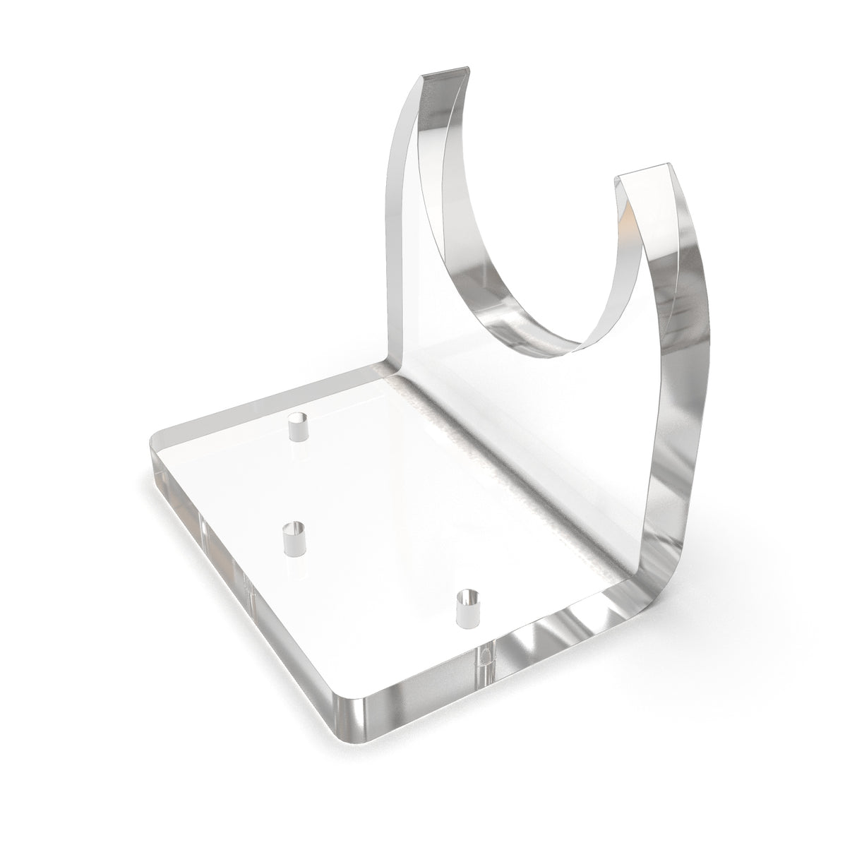 Plastic Mounting Bracket for Smokies65 Profile features a clear acrylic base and curved holder to support cylindrical objects like LED tubes; three pegs add stability, ensuring secure mounting of your LED tubes.