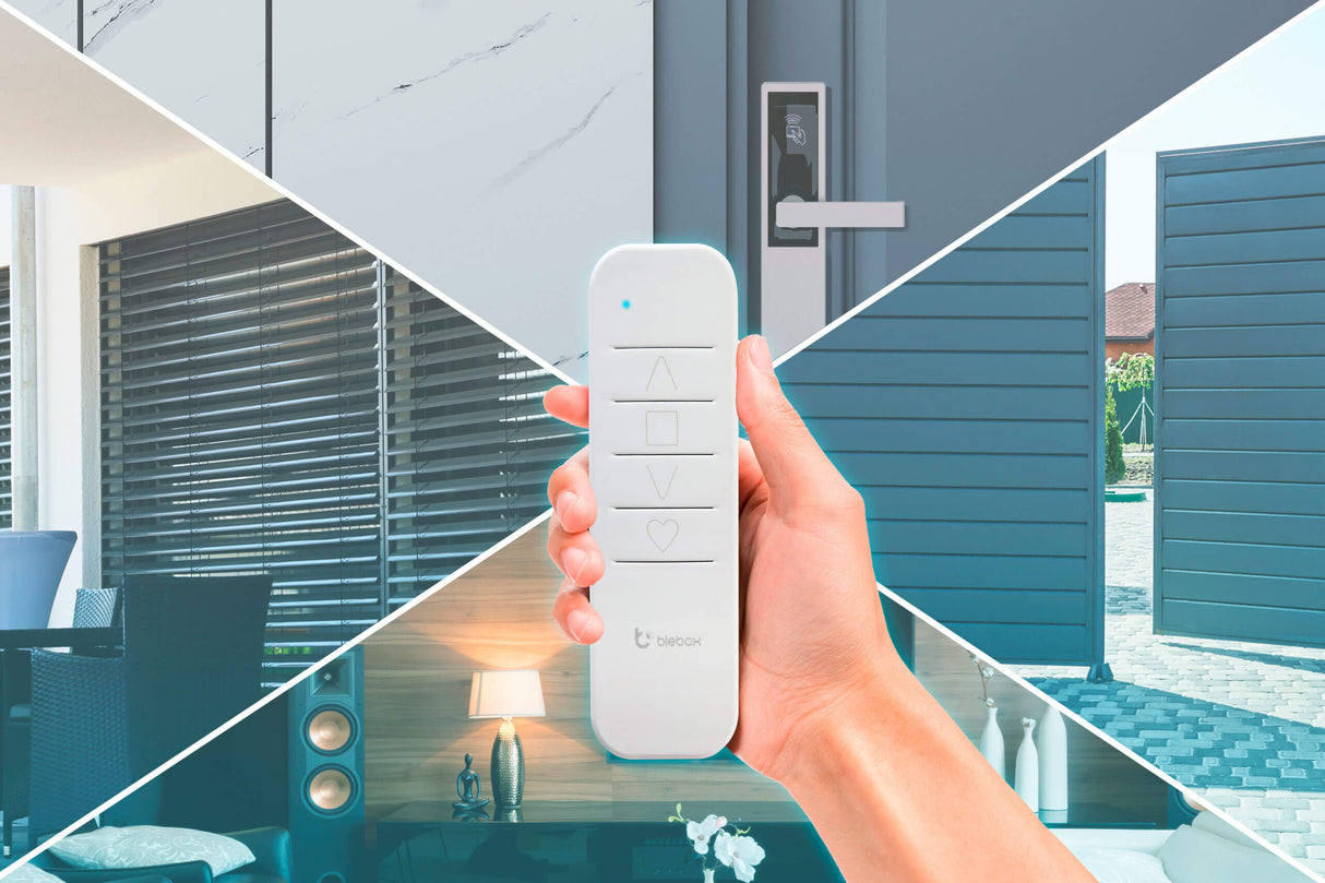 A hand holds the sRemote by Blebox in the center, with four sections around it—door lock, window blinds, garden gate, stylish living room—all easily controlled by this single channel battery-operated remote controller.