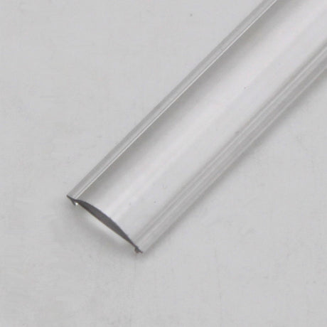 A close-up of a silver, semi-circular aluminum channel with a flat side on a white surface, featuring the LED Diffuser for Standard Easy-On Profiles for seamless installation.